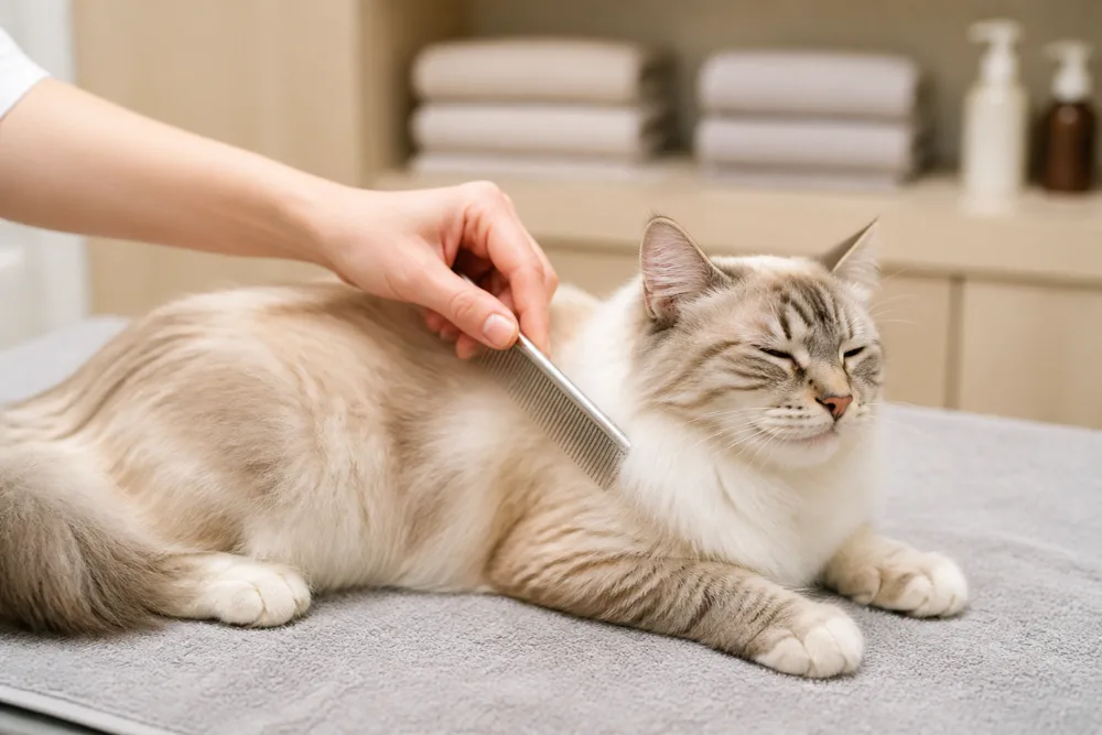 コームで毛並みと耳のまわりを整えている手元と猫